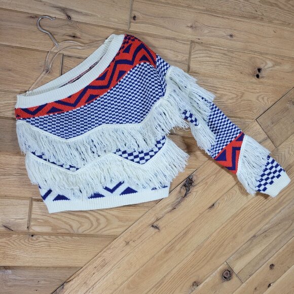 Womens Size S One Shoulder Fringe Asymmetric Knit Sweater Top Geometric Patterns - Picture 3 of 4